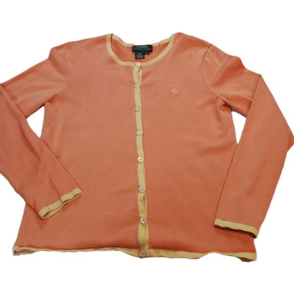 Women's Ralph Lauren Green Label Cardigan Peach Yellow Accents Size Large - Picture 1 of 13